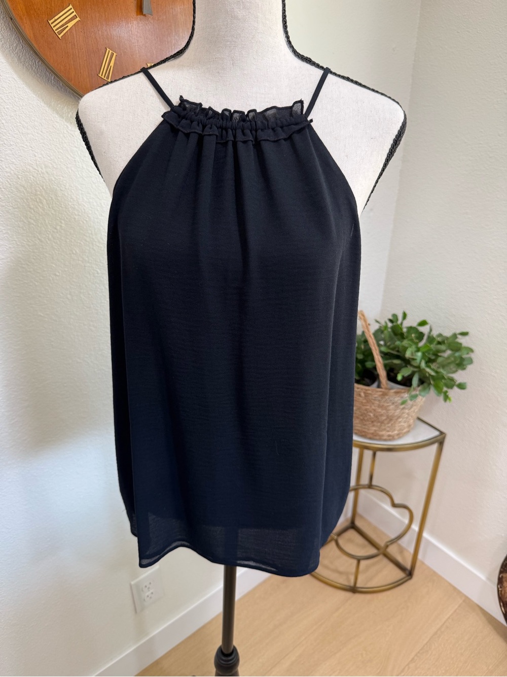 LOFT Black Ruffle Neck Tie Back Sleeveless Blouse Top XS